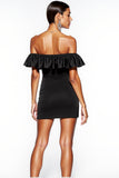 Off the Shoulder Ruched Black Cocktail Dress with Ruffles