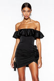 Off the Shoulder Ruched Black Cocktail Dress with Ruffles