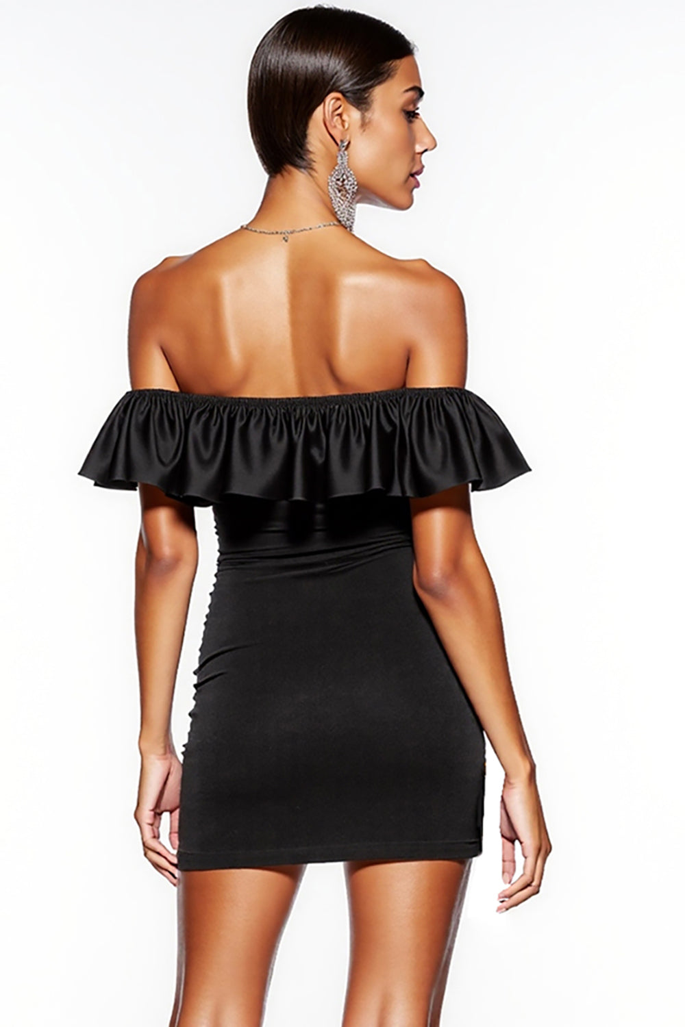 Off the Shoulder Ruched Black Cocktail Dress with Ruffles