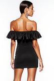 Off the Shoulder Ruched Black Cocktail Dress with Ruffles