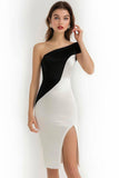 One Shoulder Black and White Midi Cocktail Dress with Slit