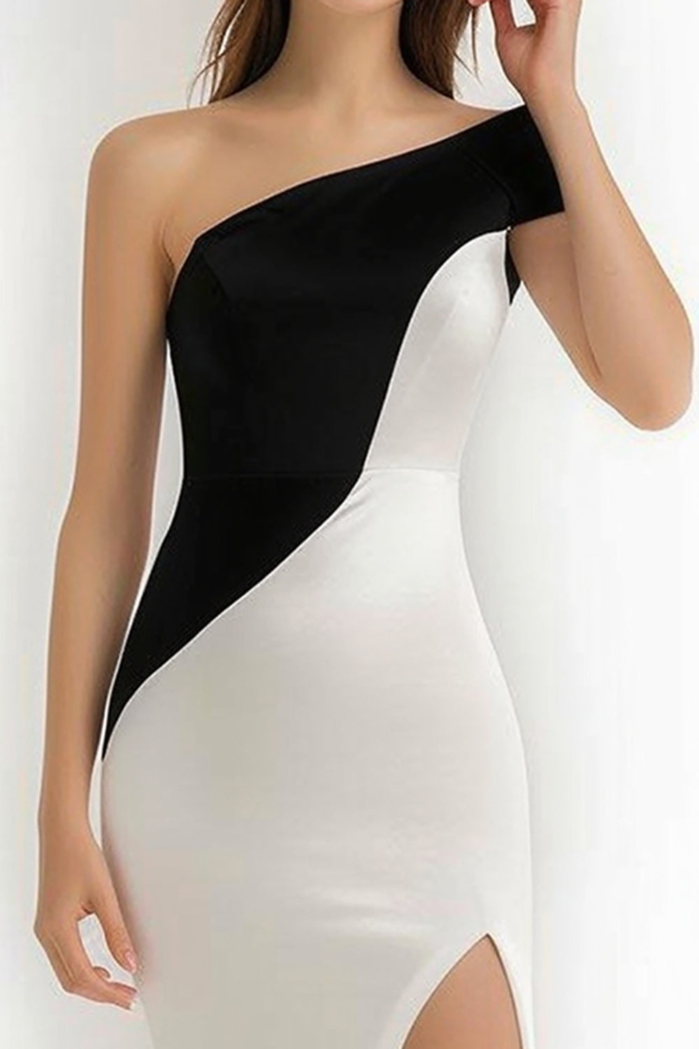 One Shoulder Black and White Midi Cocktail Dress with Slit