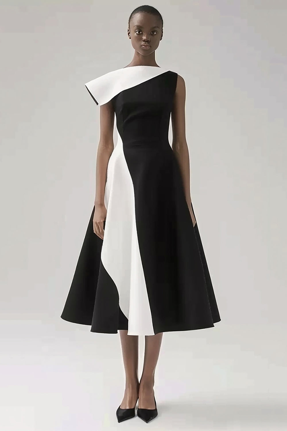 Black and White One Shoulder A Line Midi Cocktail Dress