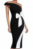 One Shoulder Black and White Bodycon Cocktail Dress with Bow