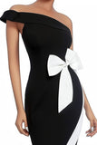 One Shoulder Black and White Bodycon Cocktail Dress with Bow