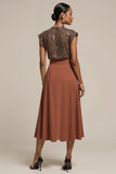 Sparkly Brown A Line Mirror Tea Length Work Dress with Beading