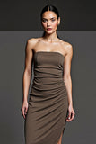 Coffee Bodycon Satin Midi Formal Dress with Slit