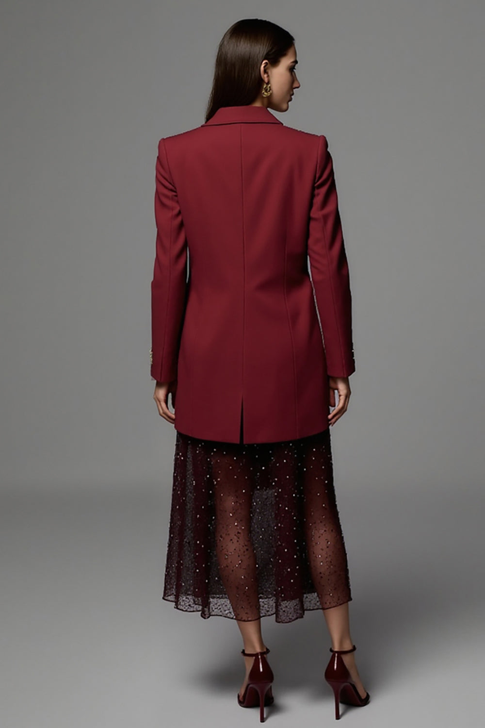 Burgundy Peak Lapel Women Work Blazer