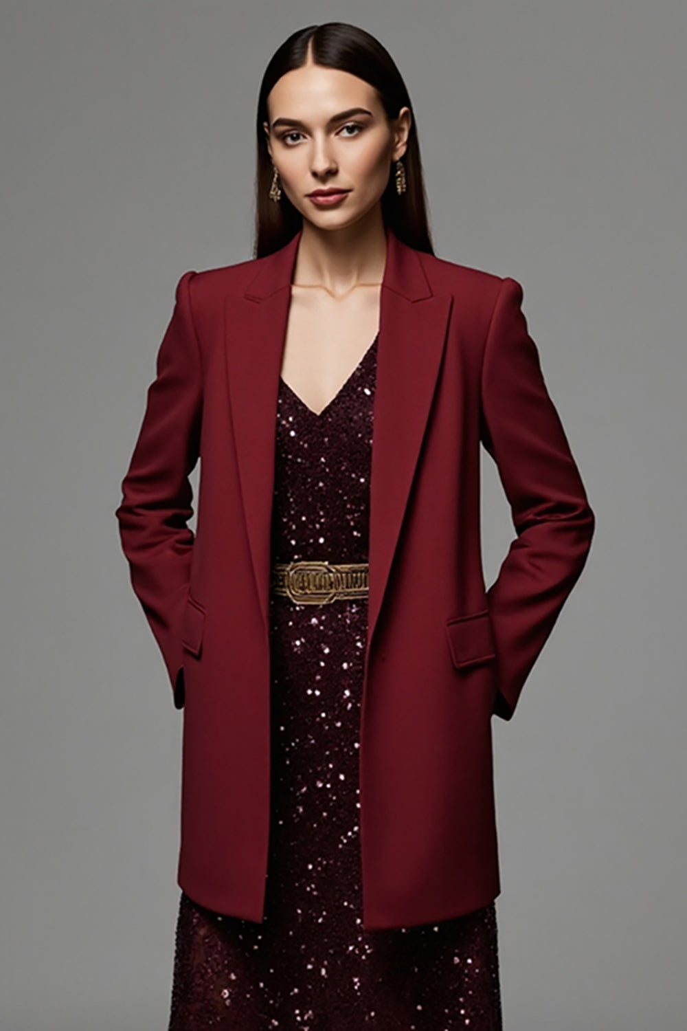 Burgundy Peak Lapel Women Work Blazer