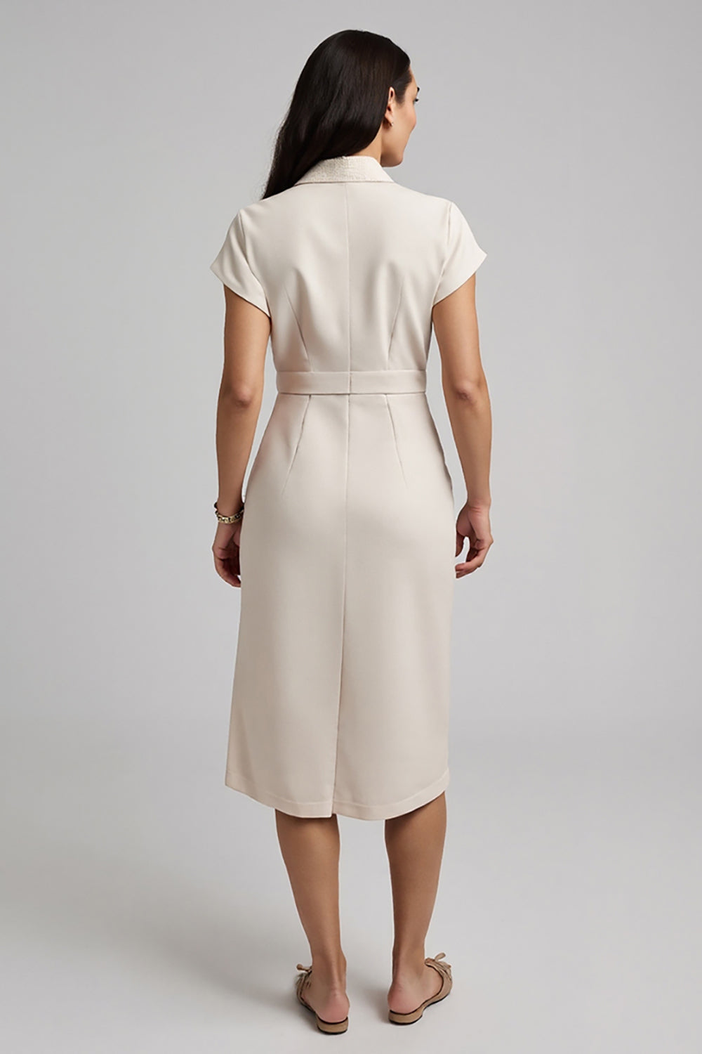 Apricot Bodycon Satin Midi Work Dress with Sleeves