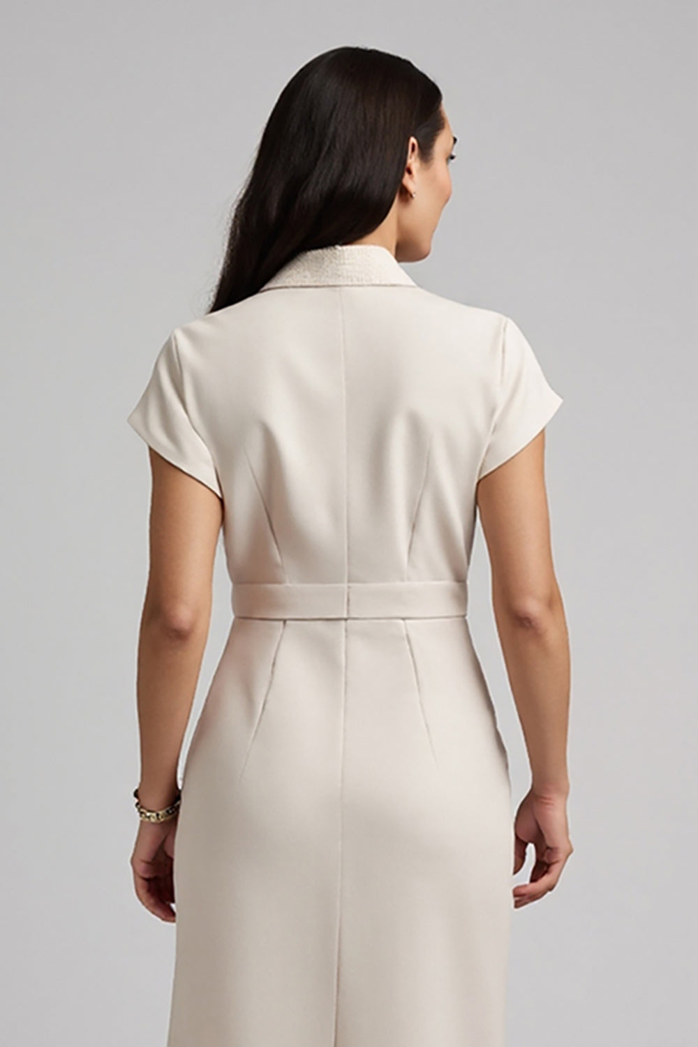 Apricot Bodycon Satin Midi Work Dress with Sleeves