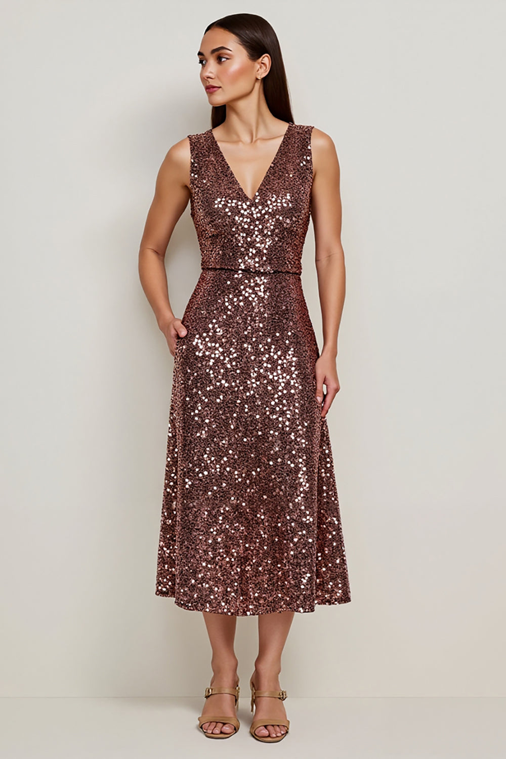 Sparkly Coffee Sequins Sheath Holiday Dress