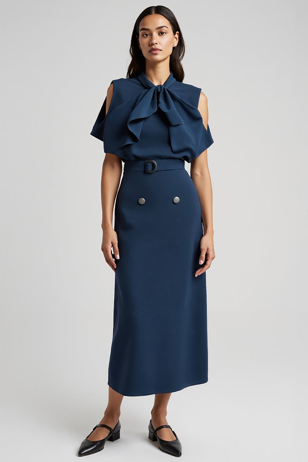 Dark Blue Sheath Satin Tea Length Work Dress with Belt