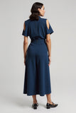 Dark Blue Sheath Satin Tea Length Work Dress with Belt