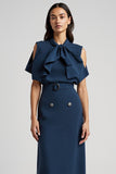 Dark Blue Sheath Satin Tea Length Work Dress with Belt
