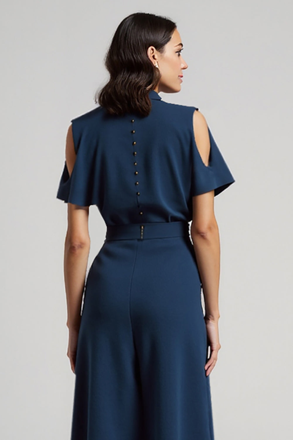 Dark Blue Sheath Satin Tea Length Work Dress with Belt
