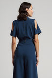 Dark Blue Sheath Satin Tea Length Work Dress with Belt