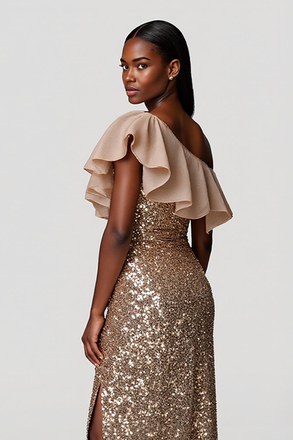 Sparkly Champagne Sheath Sequins Long Holiday Dress