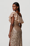 Sparkly Champagne Sheath Sequins Long Holiday Dress