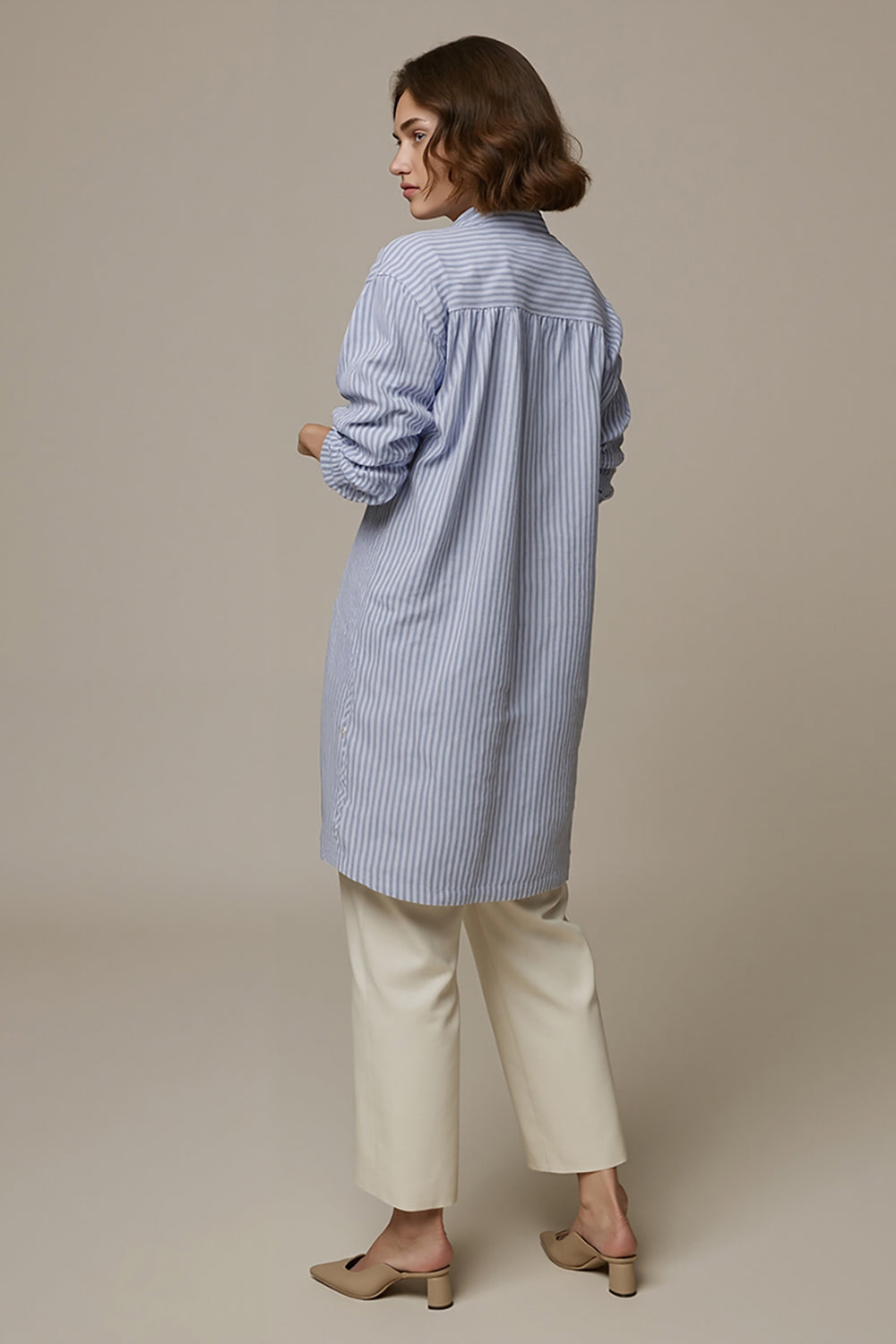 Blue Striped Long Sleeves Collar Neck Women Shirt