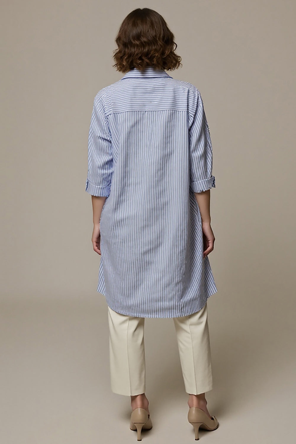 Blue Striped Long Sleeves Collar Neck Women Shirt