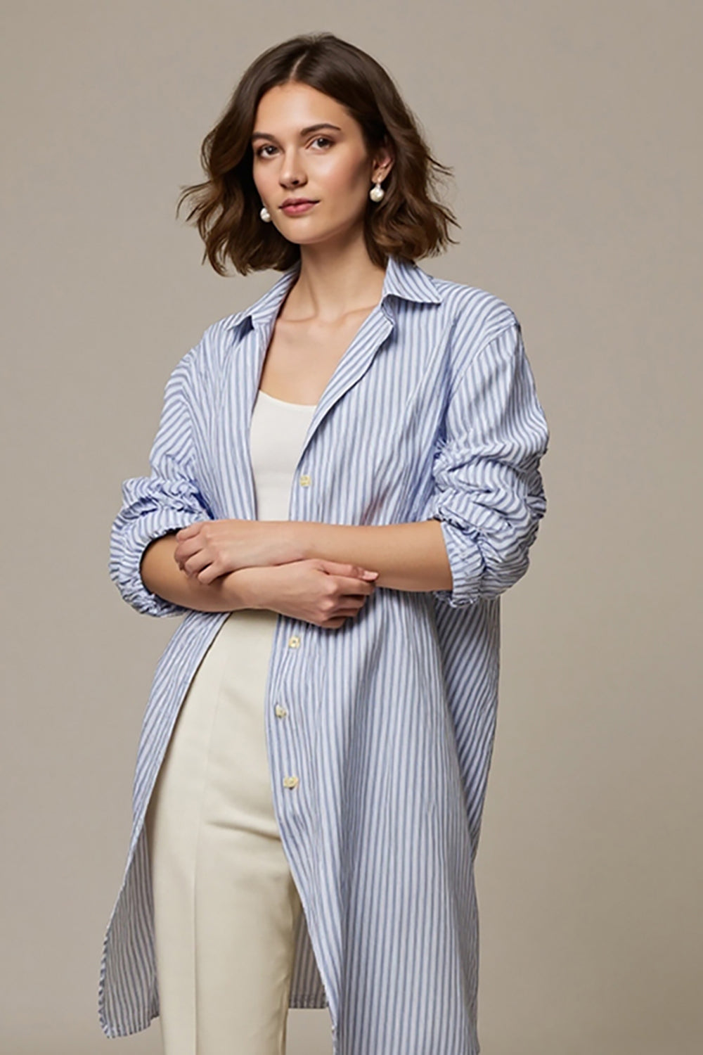 Blue Striped Long Sleeves Collar Neck Women Shirt