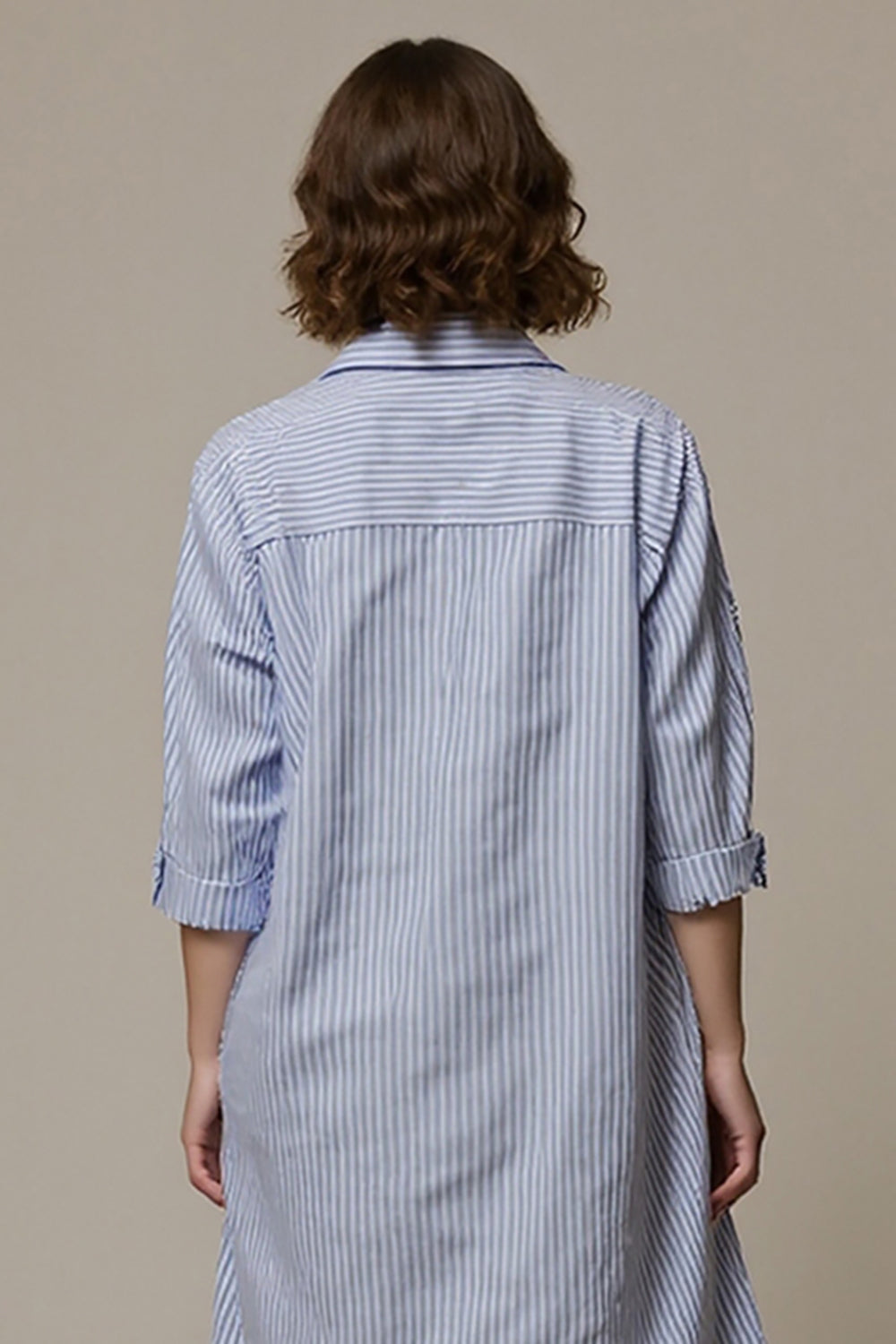 Blue Striped Long Sleeves Collar Neck Women Shirt