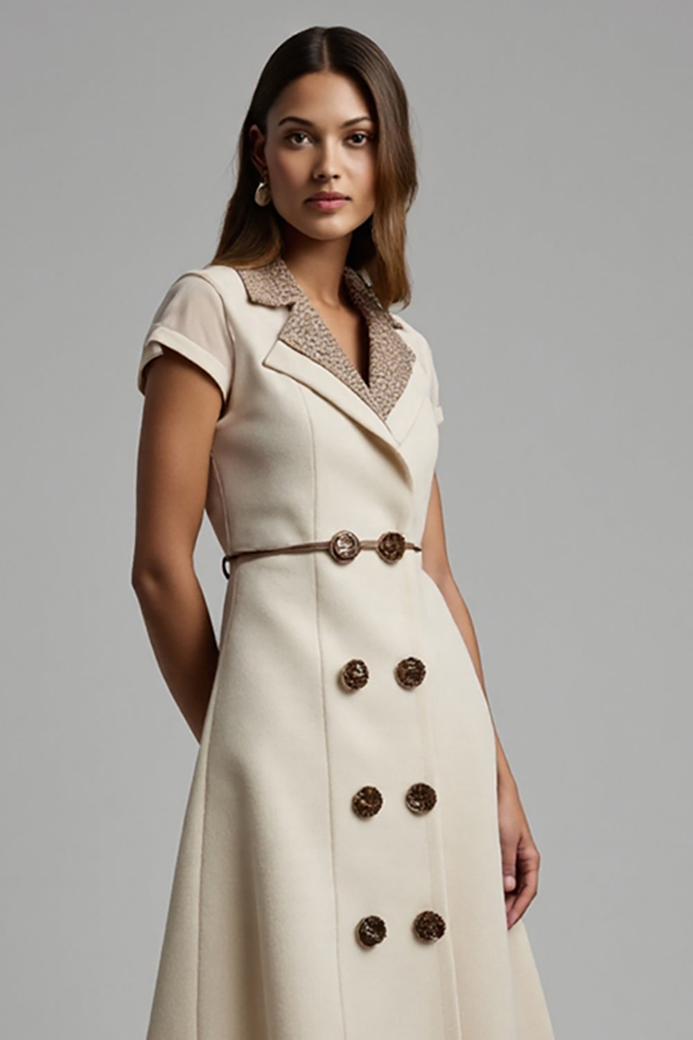 Apricot Satin Notched Lapel Midi Work Dress with Sleeves