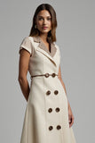 Apricot Satin Notched Lapel Midi Work Dress with Sleeves