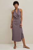Purple Bodycon Satin Halter Midi Semi Formal Dress