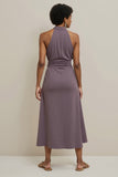 Purple Bodycon Satin Halter Midi Semi Formal Dress