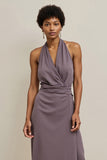 Purple Bodycon Satin Halter Midi Semi Formal Dress