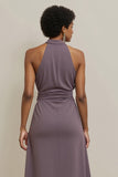 Purple Bodycon Satin Halter Midi Semi Formal Dress