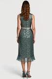 Sparkly Grey Green Sequins Bodycon Midi Semi Formal Dress with Ruffles