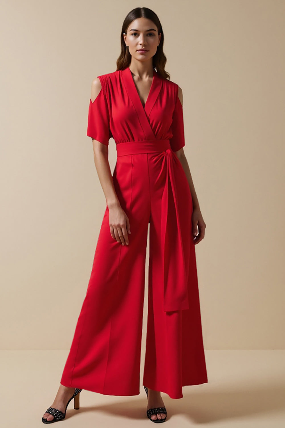 Red Cold Shoulder V Neck Women Jumpsuit