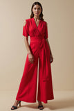 Red Cold Shoulder V Neck Women Jumpsuit