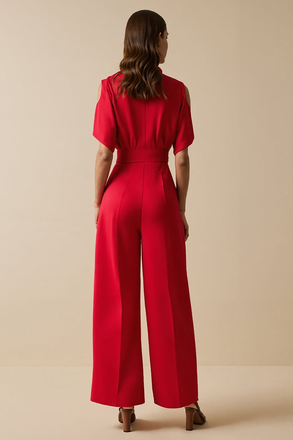 Red Cold Shoulder V Neck Women Jumpsuit