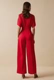 Red Cold Shoulder V Neck Women Jumpsuit