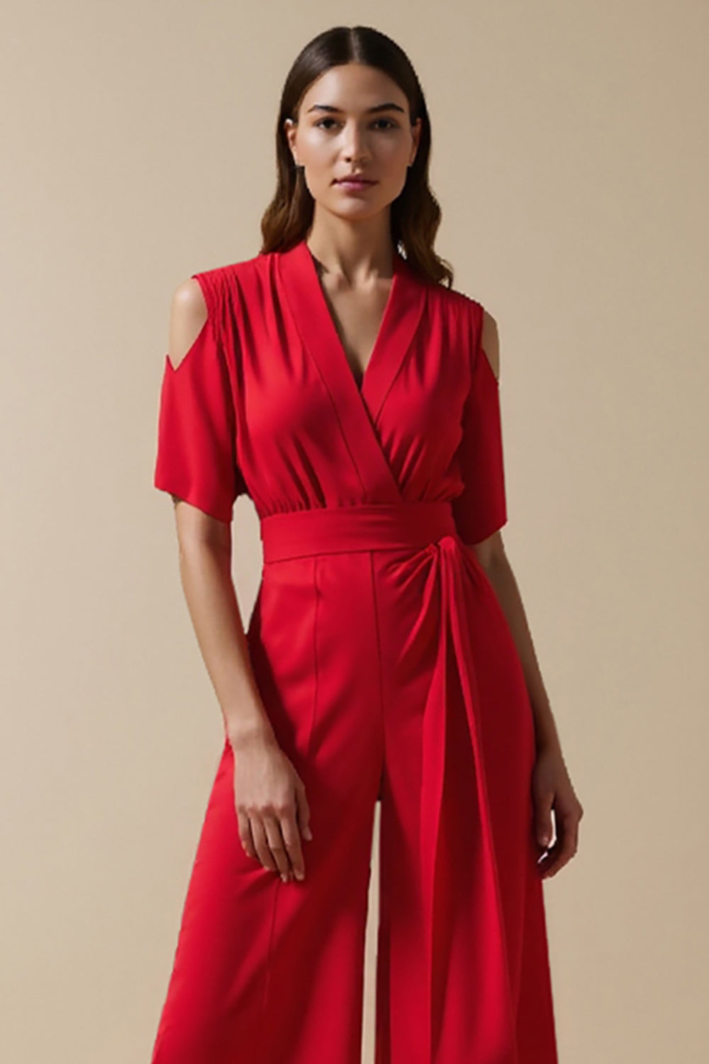 Red Cold Shoulder V Neck Women Jumpsuit