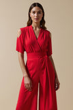 Red Cold Shoulder V Neck Women Jumpsuit