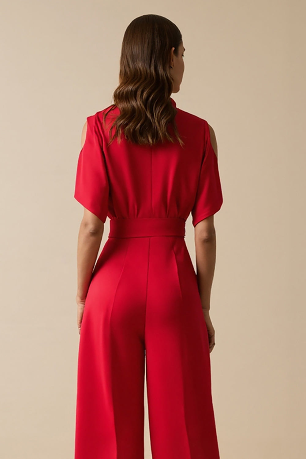 Red Cold Shoulder V Neck Women Jumpsuit