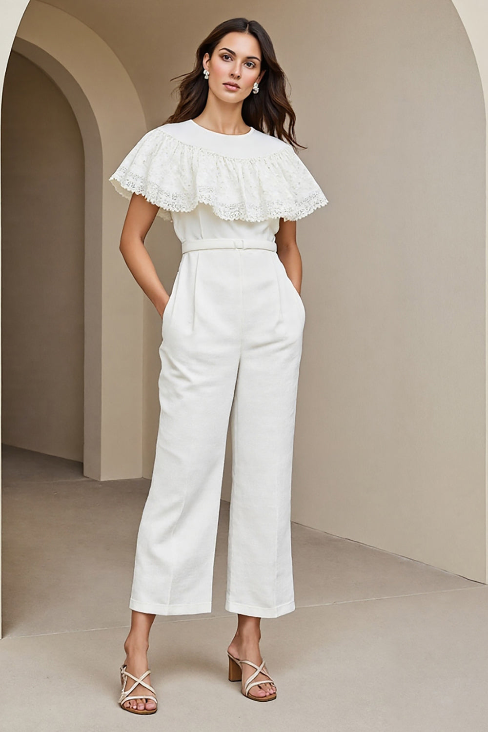 White Round Neck Long Women Jumpsuits with Lace