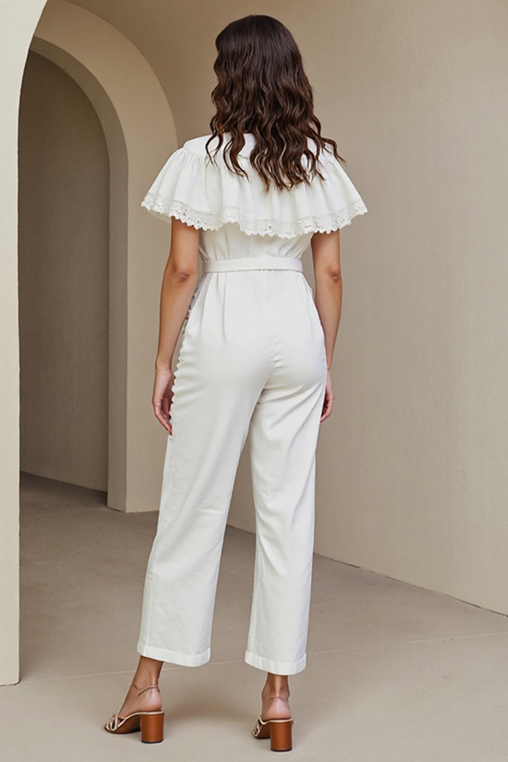 White Round Neck Long Women Jumpsuits with Lace