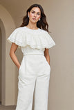 White Round Neck Long Women Jumpsuits with Lace