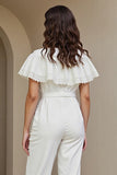 White Round Neck Long Women Jumpsuits with Lace