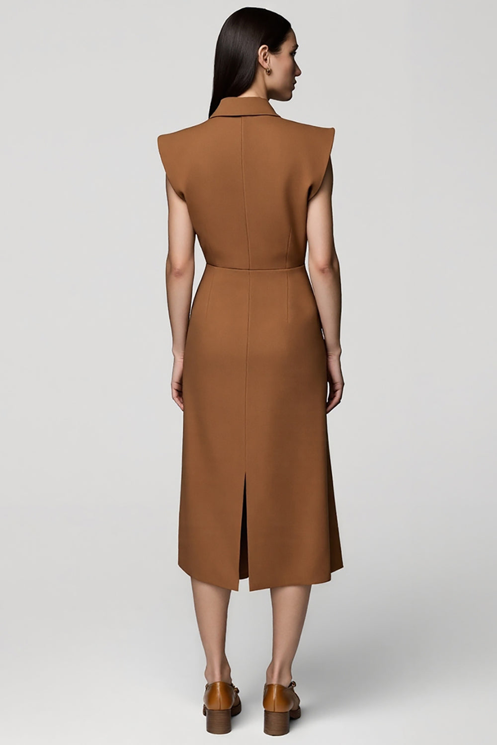 Brown A Line Notched Lapel Midi Work Dress with Slit