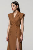Brown A Line Notched Lapel Midi Work Dress with Slit