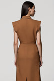 Brown A Line Notched Lapel Midi Work Dress with Slit