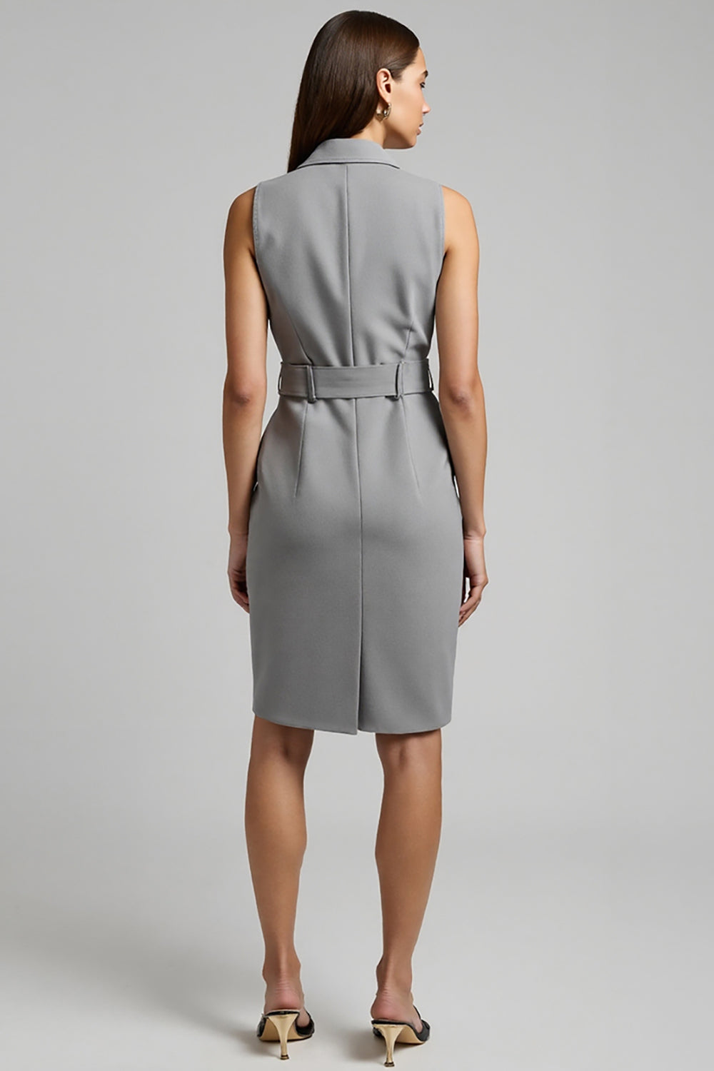 Grey Satin Double Breasted Midi Work Dress with Belt