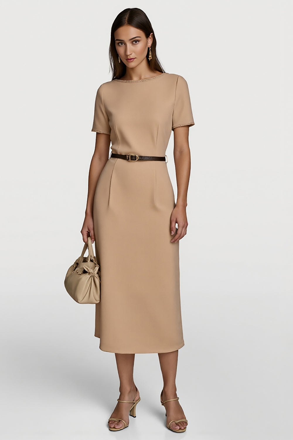 Camel Satin Bodycon Midi Work Dress with Sleeves